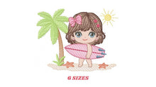 Load image into Gallery viewer, Surfer Girl embroidery designs - Beach Swimmer embroidery design machine embroidery pattern - Coconut tree embroidery - instant download
