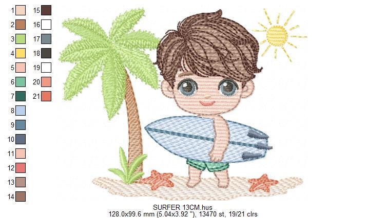 Surfer boy embroidery designs - Beach Swimmer embroidery design machine embroidery pattern - Coconut tree embroidery file - instant download