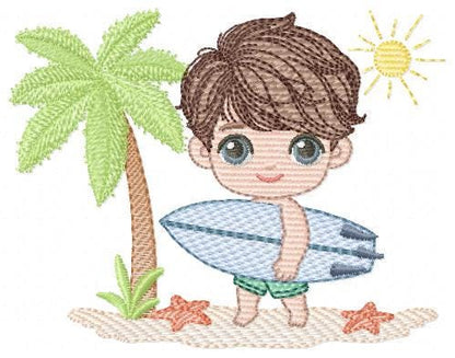 Surfer boy embroidery designs - Beach Swimmer embroidery design machine embroidery pattern - Coconut tree embroidery file - instant download