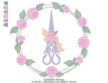 Cargar imagen en el visor de la galería, Scissors with flowers and Frame embroidery designs - Scissors embroidery design machine embroidery pattern - Rose wreath embroidery download
