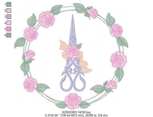 Scissors with flowers and Frame embroidery designs - Scissors embroidery design machine embroidery pattern - Rose wreath embroidery download