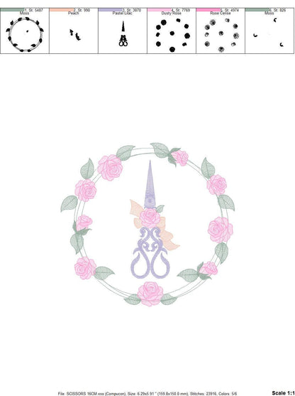 Scissors with flowers and Frame embroidery designs - Scissors embroidery design machine embroidery pattern - Rose wreath embroidery download