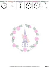 Load image into Gallery viewer, Scissors with flowers and Frame embroidery designs - Scissors embroidery design machine embroidery pattern - Rose wreath embroidery download
