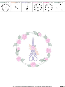 Scissors with flowers and Frame embroidery designs - Scissors embroidery design machine embroidery pattern - Rose wreath embroidery download