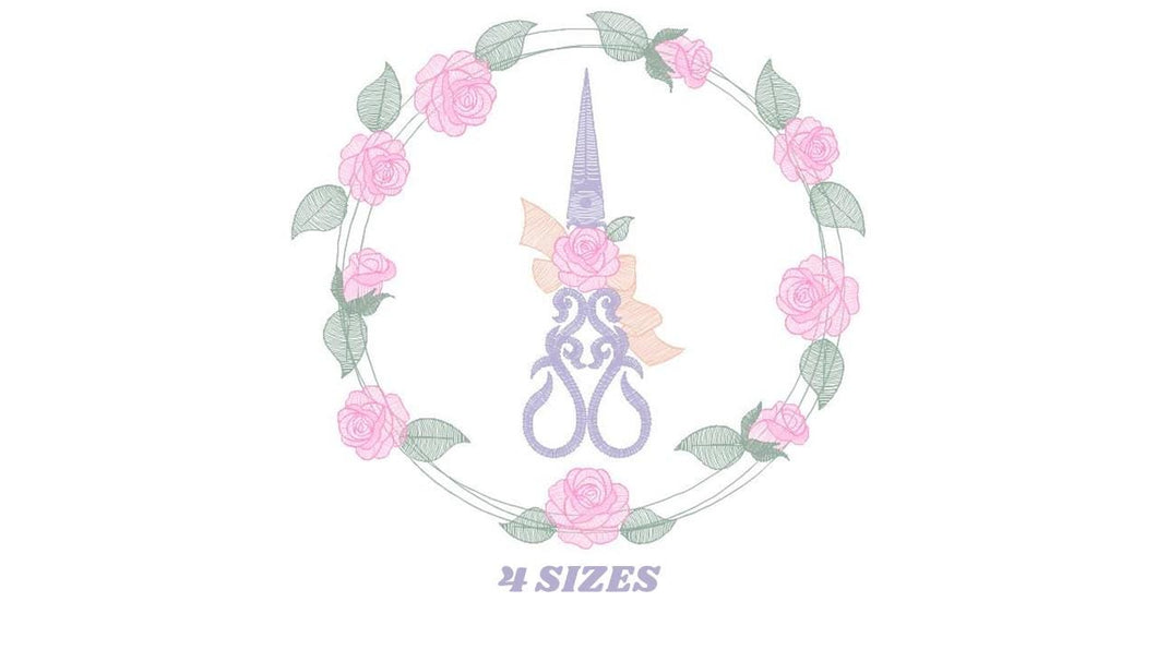 Scissors with flowers and Frame embroidery designs - Scissors embroidery design machine embroidery pattern - Rose wreath embroidery download