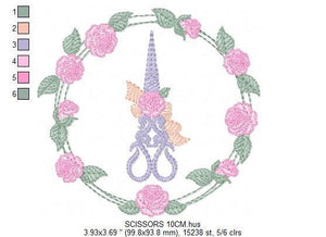 Scissors with flowers and Frame embroidery designs - Scissors embroidery design machine embroidery pattern - Rose wreath embroidery download