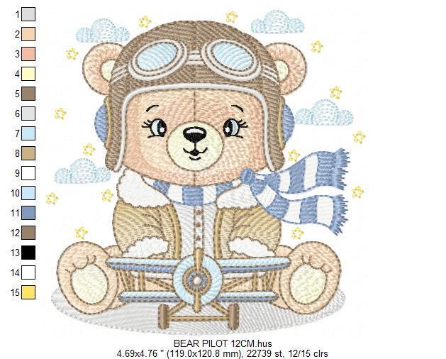 Pilot Bear embroidery designs - Plane embroidery design machine embroidery pattern - Aviator Teddy bear embroidery file - instant download