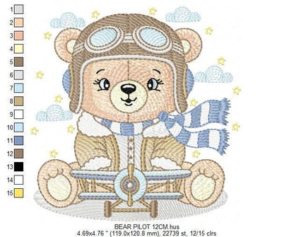 Pilot Bear embroidery designs - Plane embroidery design machine embroidery pattern - Aviator Teddy bear embroidery file - instant download