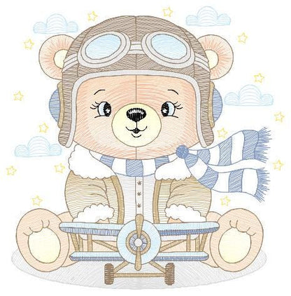 Pilot Bear embroidery designs - Plane embroidery design machine embroidery pattern - Aviator Teddy bear embroidery file - instant download