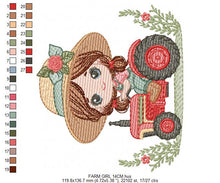 Cargar imagen en el visor de la galería, Girl with flower hat embroidery designs - Farmer embroidery design machine embroidery pattern - Tractor Girl embroidery - instant download
