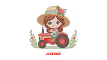 Cargar imagen en el visor de la galería, Girl with flower hat embroidery designs - Farmer embroidery design machine embroidery pattern - Tractor Girl embroidery - instant download
