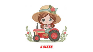 Girl with flower hat embroidery designs - Farmer embroidery design machine embroidery pattern - Tractor Girl embroidery - instant download