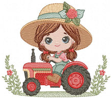 Laden Sie das Bild in den Galerie-Viewer, Girl with flower hat embroidery designs - Farmer embroidery design machine embroidery pattern - Tractor Girl embroidery - instant download
