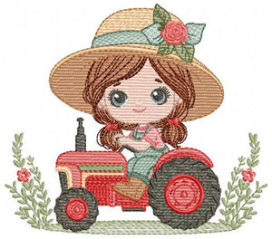 Girl with flower hat embroidery designs - Farmer embroidery design machine embroidery pattern - Tractor Girl embroidery - instant download