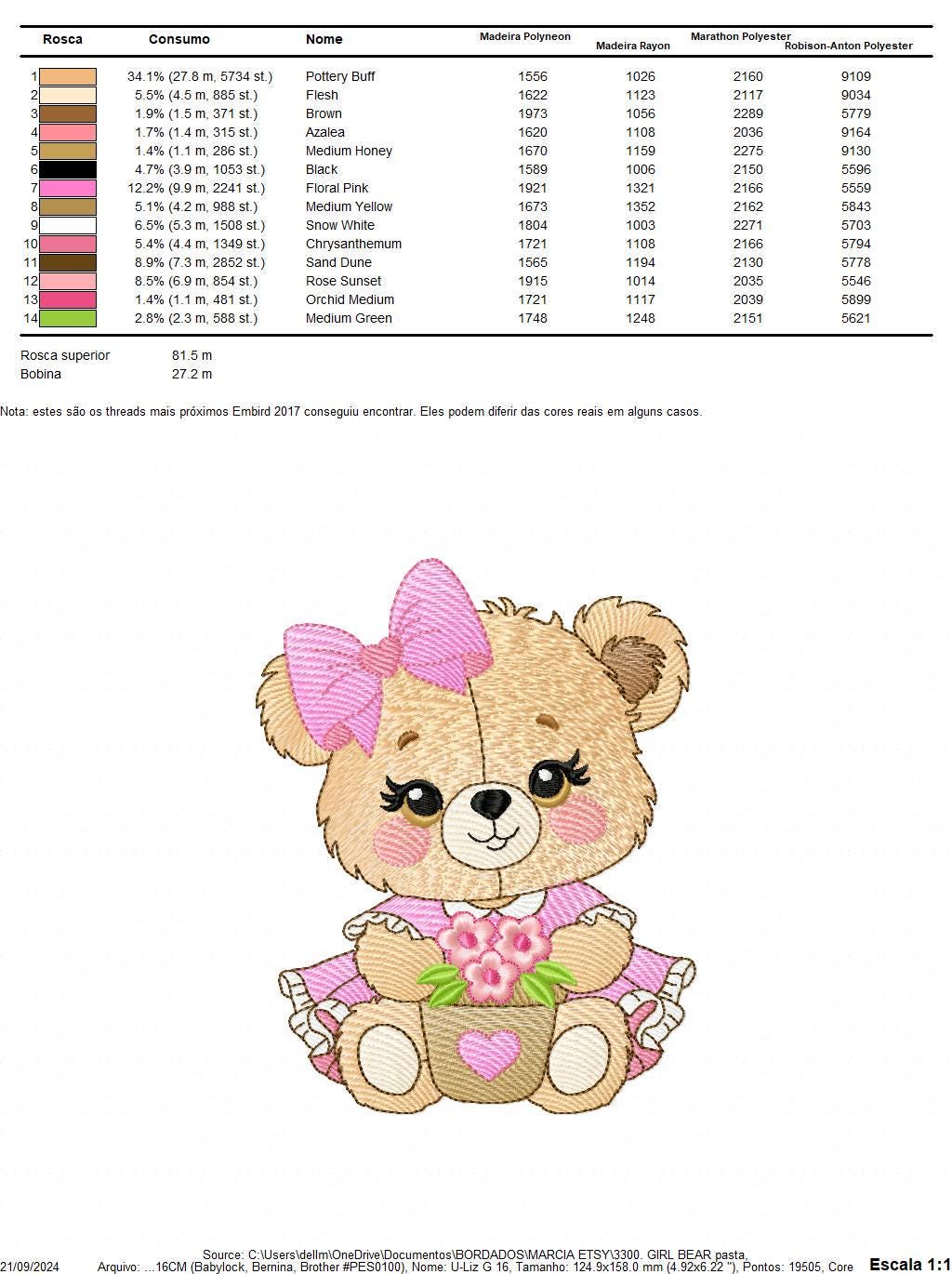 Teddy Bear embroidery designs - Baby girl embroidery design machine embroidery pattern - Bear with lace flower embroidery - instant download