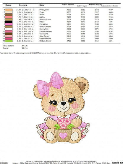 Teddy Bear embroidery designs - Baby girl embroidery design machine embroidery pattern - Bear with lace flower embroidery - instant download