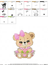 Cargar imagen en el visor de la galería, Teddy Bear embroidery designs - Baby girl embroidery design machine embroidery pattern - Bear with lace flower embroidery - instant download
