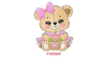 Laden Sie das Bild in den Galerie-Viewer, Teddy Bear embroidery designs - Baby girl embroidery design machine embroidery pattern - Bear with lace flower embroidery - instant download
