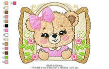 Cargar imagen en el visor de la galería, Teddy Bear at window embroidery designs - Bear with lace and flowers machine embroidery pattern - Girl embroidery file - instant download
