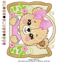 Load image into Gallery viewer, Teddy Bear at window embroidery designs - Bear with lace and flowers machine embroidery pattern - Girl embroidery file - instant download
