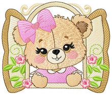 Cargar imagen en el visor de la galería, Teddy Bear at window embroidery designs - Bear with lace and flowers machine embroidery pattern - Girl embroidery file - instant download
