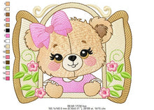 Load image into Gallery viewer, Teddy Bear at window embroidery designs - Bear with lace and flowers machine embroidery pattern - Girl embroidery file - instant download
