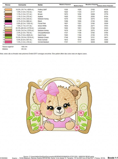 Teddy Bear at window embroidery designs - Bear with lace and flowers machine embroidery pattern - Girl embroidery file - instant download