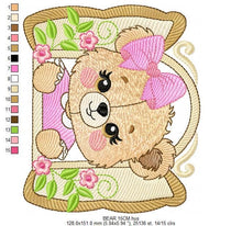 Load image into Gallery viewer, Teddy Bear at window embroidery designs - Bear with lace and flowers machine embroidery pattern - Girl embroidery file - instant download
