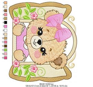 Teddy Bear at window embroidery designs - Bear with lace and flowers machine embroidery pattern - Girl embroidery file - instant download