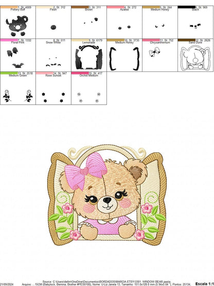 Teddy Bear at window embroidery designs - Bear with lace and flowers machine embroidery pattern - Girl embroidery file - instant download