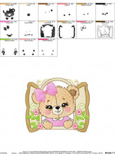 Load image into Gallery viewer, Teddy Bear at window embroidery designs - Bear with lace and flowers machine embroidery pattern - Girl embroidery file - instant download
