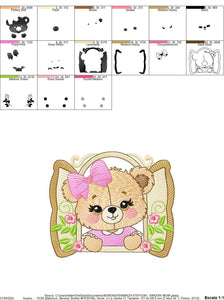 Teddy Bear at window embroidery designs - Bear with lace and flowers machine embroidery pattern - Girl embroidery file - instant download