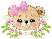 Cargar imagen en el visor de la galería, Female Bear Face with Lace embroidery designs - Teddy bear with flowers embroidery design machine embroidery pattern - instant download pes
