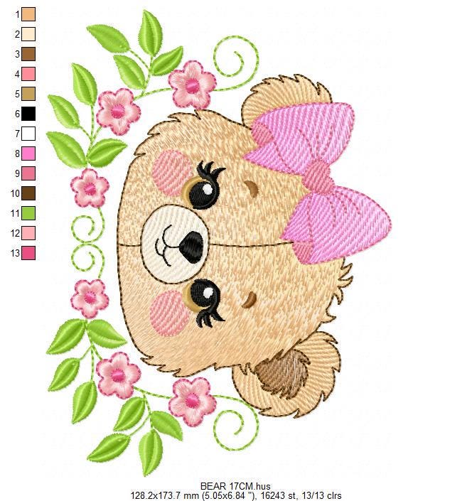 Female Bear Face with Lace embroidery designs - Teddy bear with flowers embroidery design machine embroidery pattern - instant download pes
