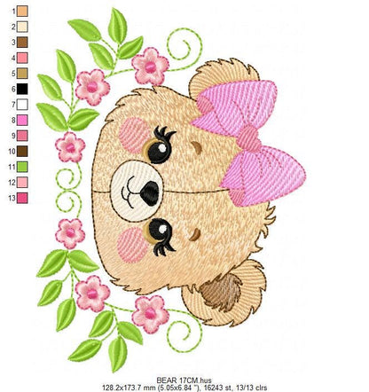 Female Bear Face with Lace embroidery designs - Teddy bear with flowers embroidery design machine embroidery pattern - instant download pes