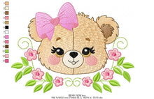 Cargar imagen en el visor de la galería, Female Bear Face with Lace embroidery designs - Teddy bear with flowers embroidery design machine embroidery pattern - instant download pes
