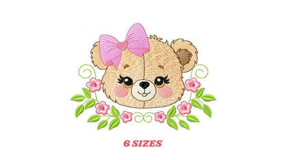 Female Bear Face with Lace embroidery designs - Teddy bear with flowers embroidery design machine embroidery pattern - instant download pes