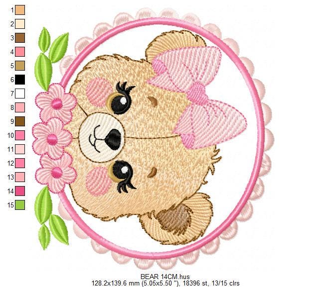 Bear face with frame and flowers embroidery designs - Teddy Bear embroidery design machine embroidery pattern - instant download pes jef dst