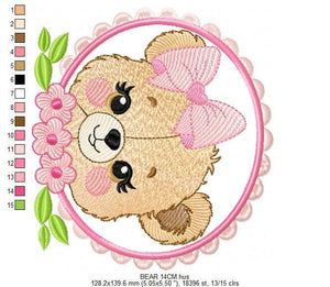 Bear face with frame and flowers embroidery designs - Teddy Bear embroidery design machine embroidery pattern - instant download pes jef dst