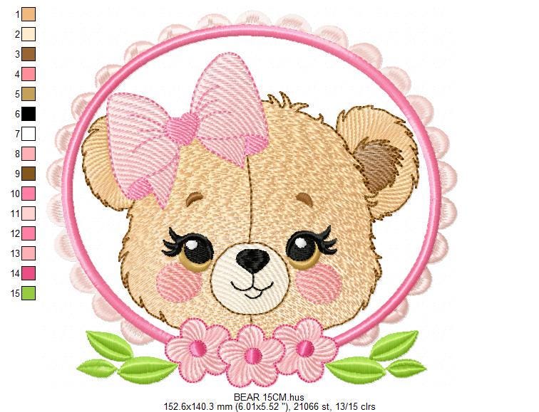 Bear face with frame and flowers embroidery designs - Teddy Bear embroidery design machine embroidery pattern - instant download pes jef dst