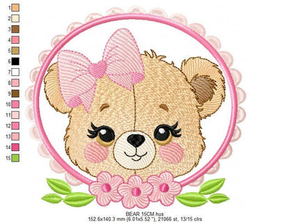 Bear face with frame and flowers embroidery designs - Teddy Bear embroidery design machine embroidery pattern - instant download pes jef dst