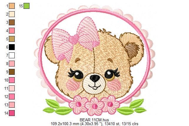 Bear face with frame and flowers embroidery designs - Teddy Bear embroidery design machine embroidery pattern - instant download pes jef dst