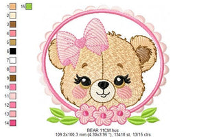 Bear face with frame and flowers embroidery designs - Teddy Bear embroidery design machine embroidery pattern - instant download pes jef dst