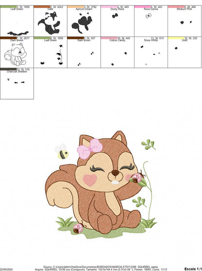 Female Squirrel with lace and bees embroidery design - Woodland Animal embroidery designs machine embroidery pattern - instant download pes