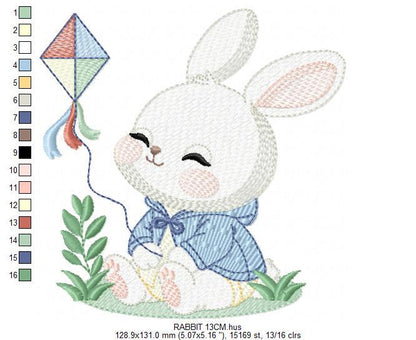 Bunny with Kite embroidery design - Rabbit with coat embroidery designs machine embroidery pattern - Baby boy embroidery - instant download