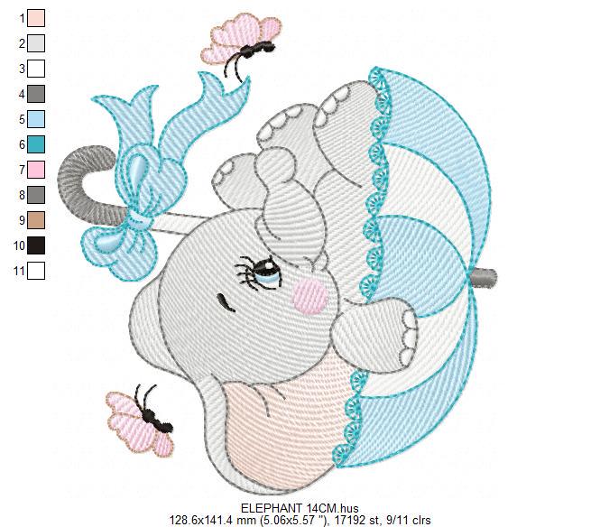 Elephant with umbrella embroidery designs - Animal with butterfly embroidery design machine embroidery pattern - instant download pes jef