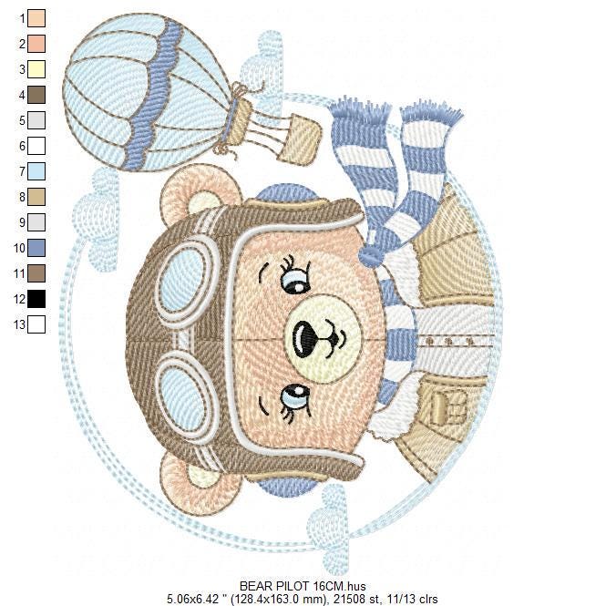 Pilot Bear embroidery designs - Balloon embroidery design machine embroidery pattern - Aviator Teddy bear embroidery file - instant download
