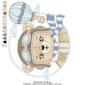 Pilot Bear embroidery designs - Balloon embroidery design machine embroidery pattern - Aviator Teddy bear embroidery file - instant download