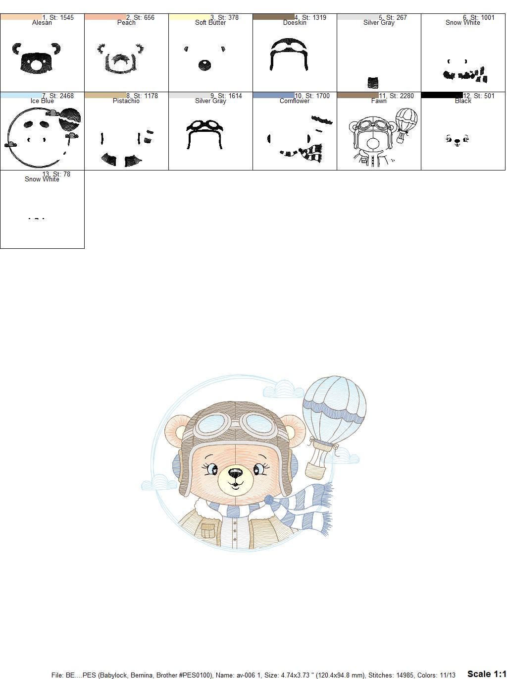 Pilot Bear embroidery designs - Balloon embroidery design machine embroidery pattern - Aviator Teddy bear embroidery file - instant download