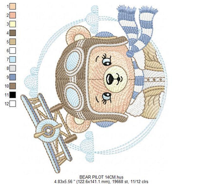 Pilot Bear embroidery designs - Plane embroidery design machine embroidery pattern - Aviator Teddy bear embroidery file - instant download